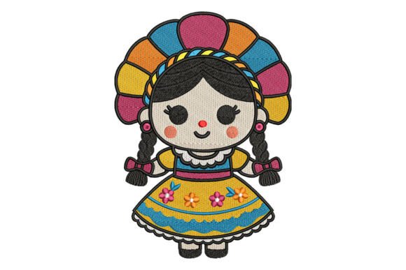 Mexican Folk Doll Embroidery for Boutique Apparel
